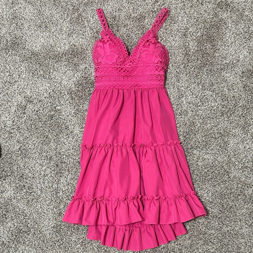 Chic Pink Lace Tiered Dress